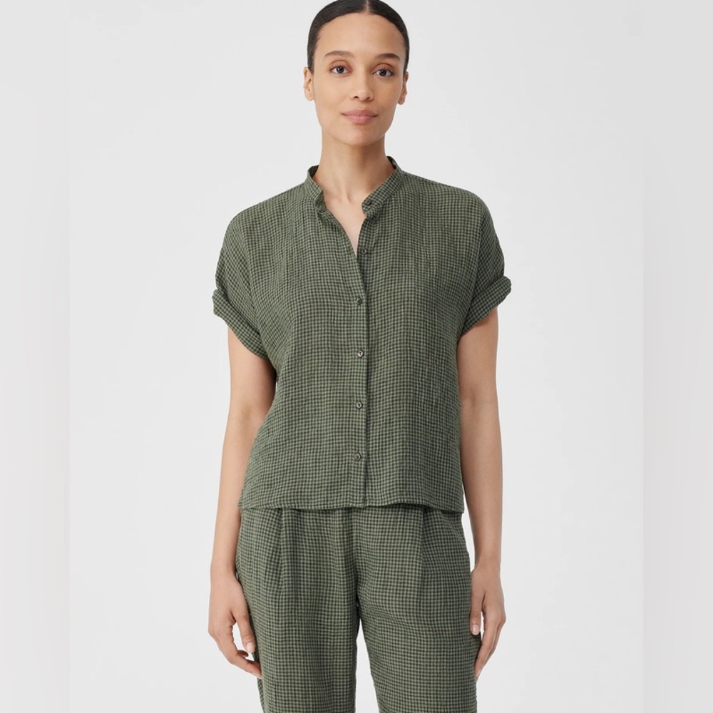 - NEW Eileen Fisher Puckered Organic Linen Short-Sleeve Shirt